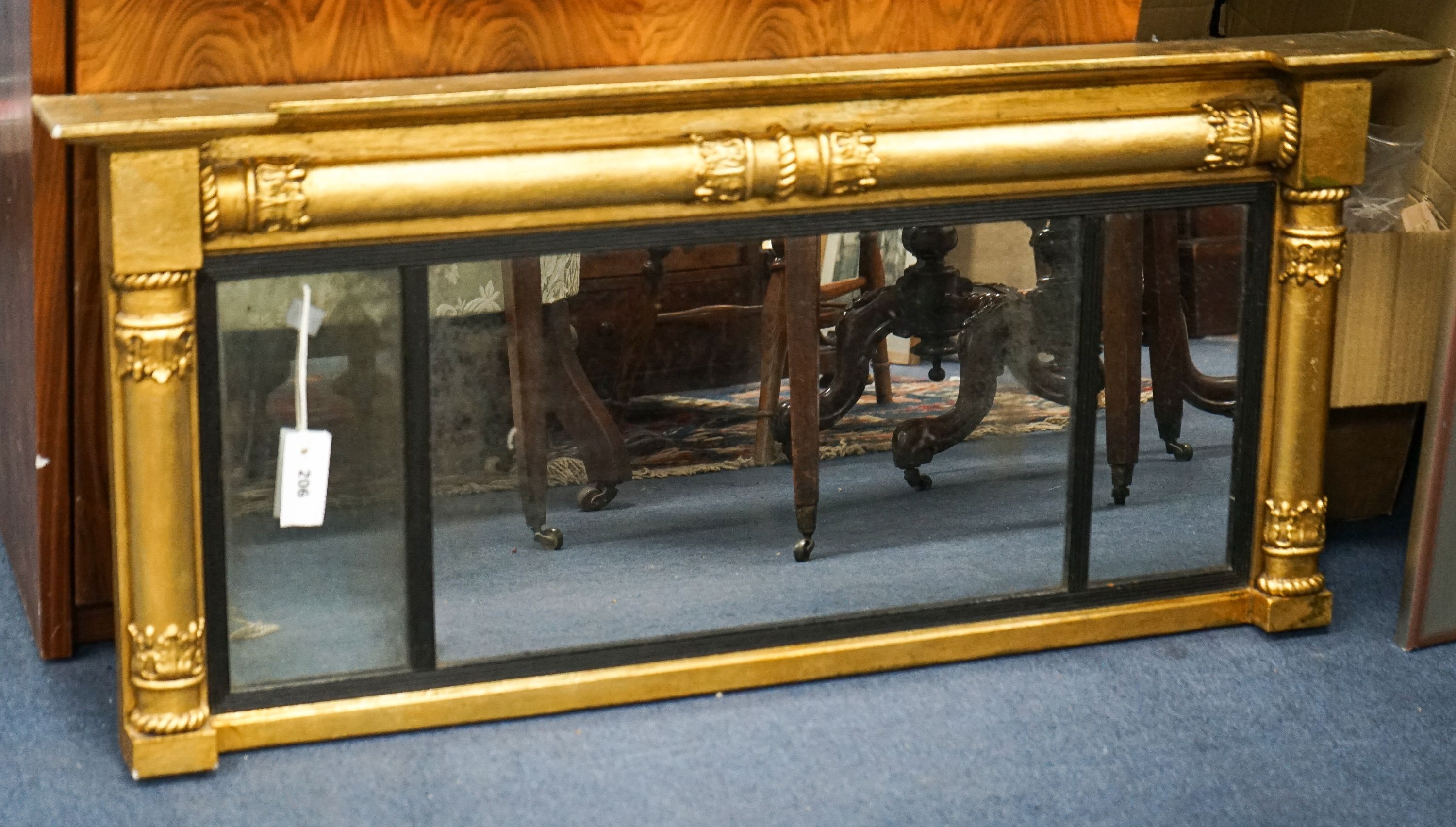 A Regency giltwood and gesso overmantel mirror, width 111cm, height 51cm